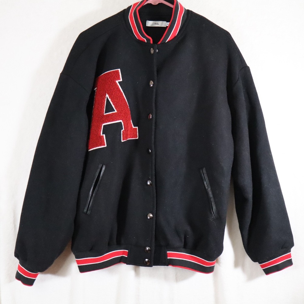 Men's Black Varsity Letterman Jacket – Red Chenille "A" Patch–Snap Front Sz M/L